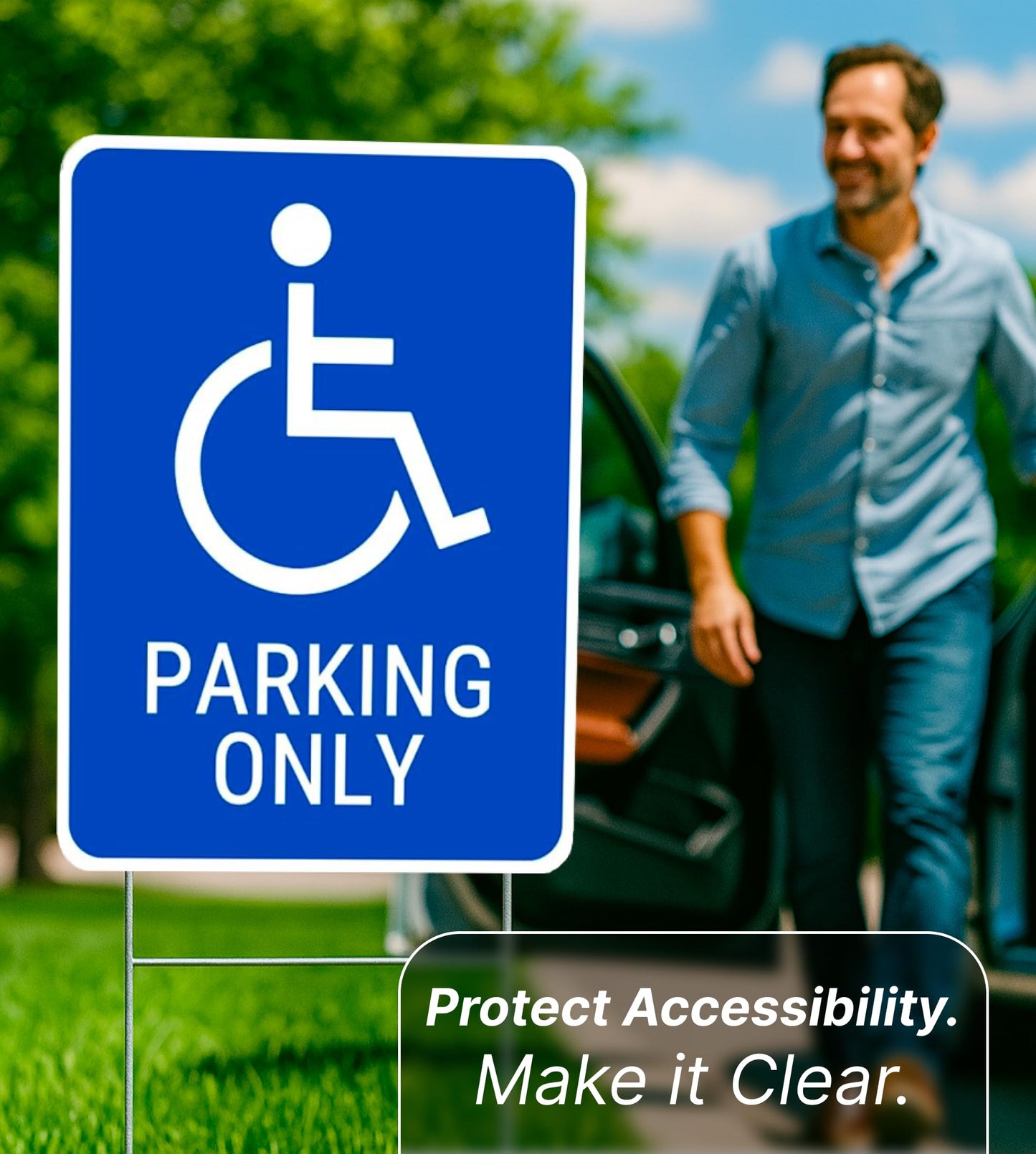 Set of 3 Double Sided 12x16 Inches Reserved Parking Signs for Handicapped Only with Metal Wire H-Stakes - Plastic Indoor or Outdoor Basics Handicap Parking Sign - Yard Signs with Parking Space