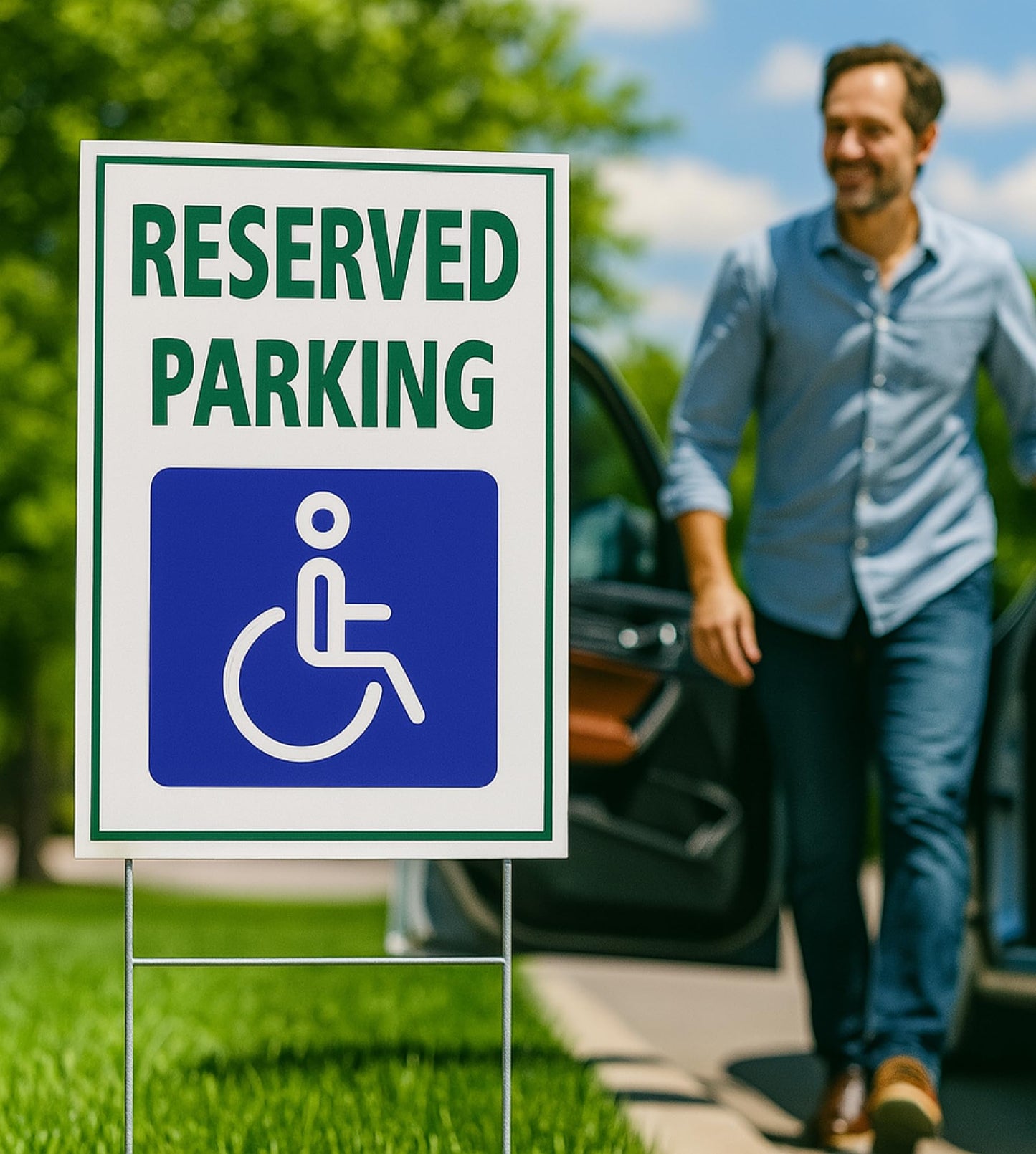 Pack of 3 Reserved Parking Double Sided Sign 12x8 inch with Metal H-Shaped Stakes - Handicap Parking Signs with Picture of Wheelchair Sign - Road Traffic Yard Plastic Signs