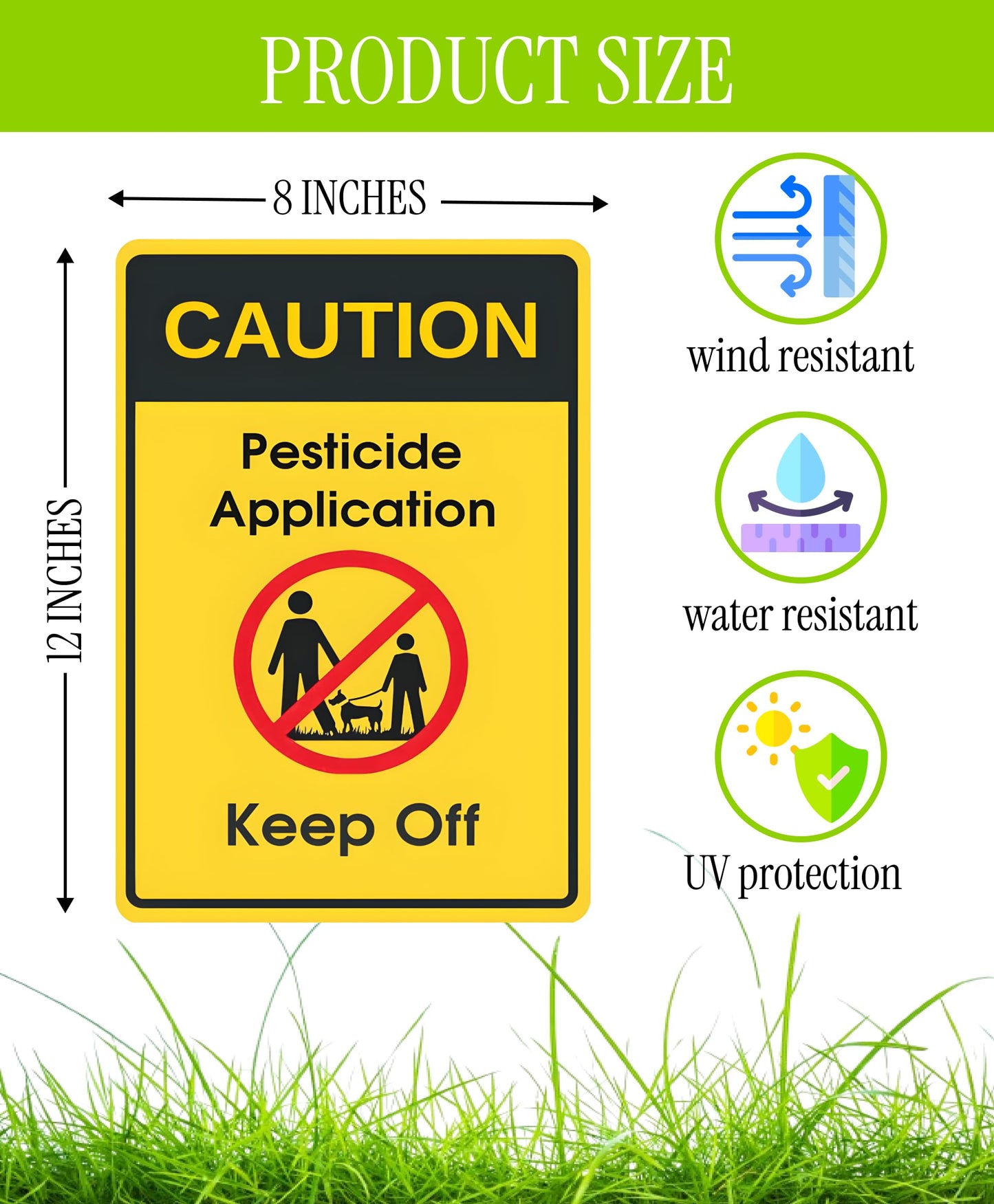 Set of 3 Double Sided 12x8 Inches Caution - Application, Keep Off Signs - Please Keep All Pets and Kids Off The Grass Sign with Metal Wire H-Stakes - Plastic Security Stay Off My Grass Yard Sign