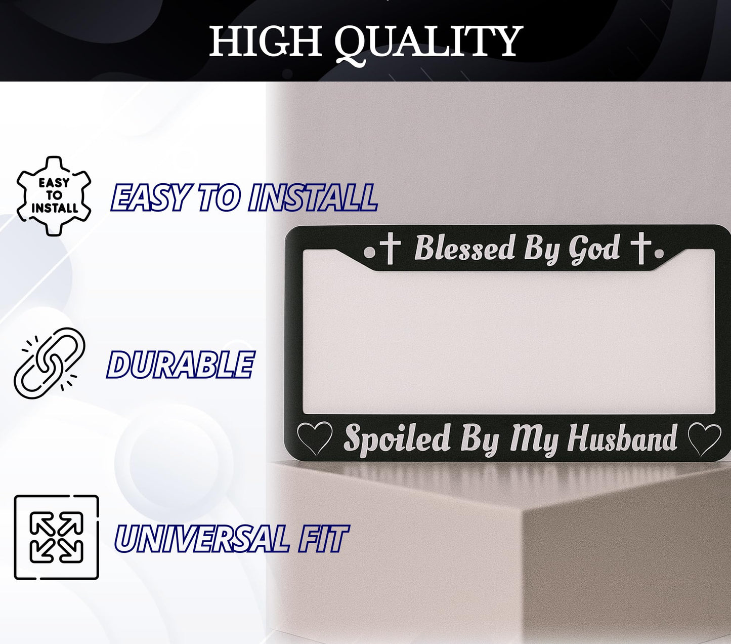 Personalized Car License Plate Frame for US Standard Frame Blessed by God Spoiled by My Husband - Black Metal Plate Frame 6x12.25 inch - Aluminum Car with 2 Holes and Screws