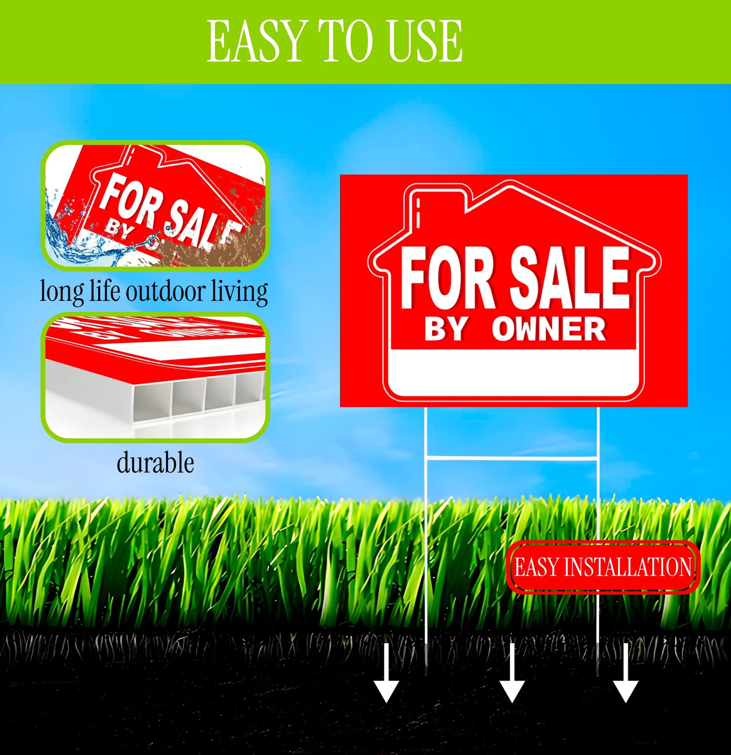 5X For Sale By Owner Yard Plastic 8x12 Sign - Yard Double Sided Signs with Metal H Stakes - for Home Owners Real Estate Directional Signs - House For Sale Sign for Real Estate Agent Realtor Supplies