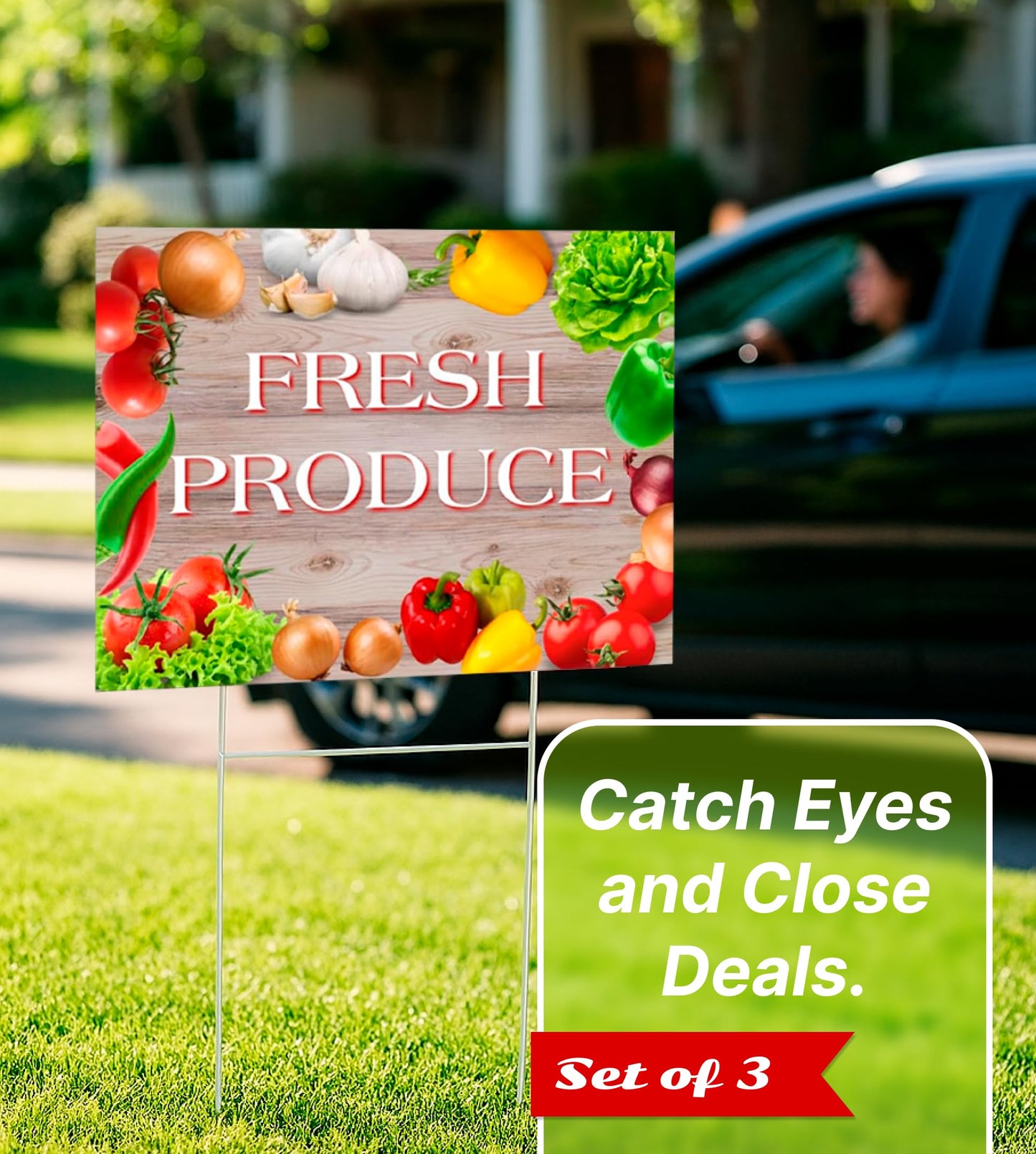 Set of 3 Double Sided 12x16 Inches Fresh Produce Sign with Metal H-Stakes - Vegetable Sign Outdoor or Indoor Yard Signs - Plastic Fresh Produce Event Signage for Outside Business