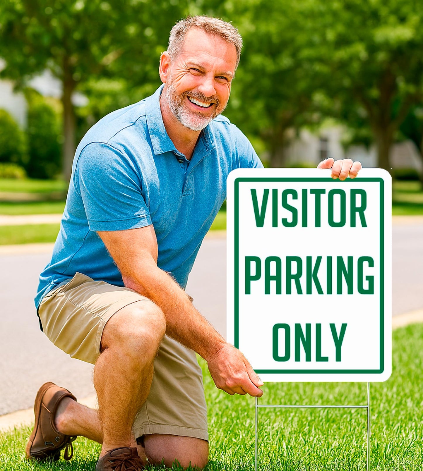 Set of 3 Double Sided 12x16 Inch Plastic Sign "Visitor Parking Only" with Metal H-Stakes - Plastic Parking Signs Green on White - Guest Parking Only Signage - Parking Visitor Sign for Yard