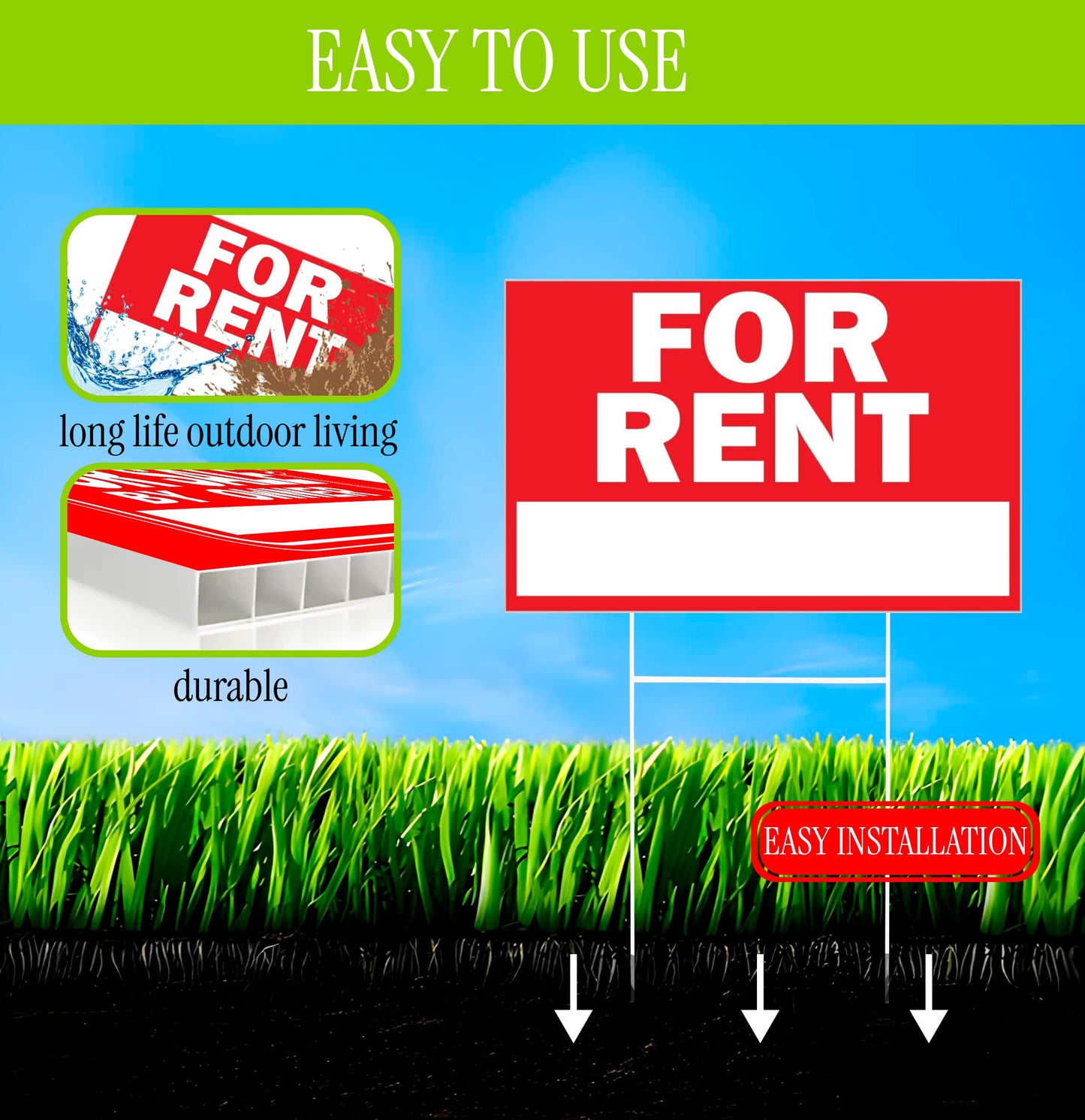 Double Sided Plastic Home for Rent sign - Set of 3 Pieces 12x8 Inch - Yard Sign with Tall Stands for Rentals Home Car Apartment Stores Business - Lawn Signs with Stakes and Garage Sale Sign