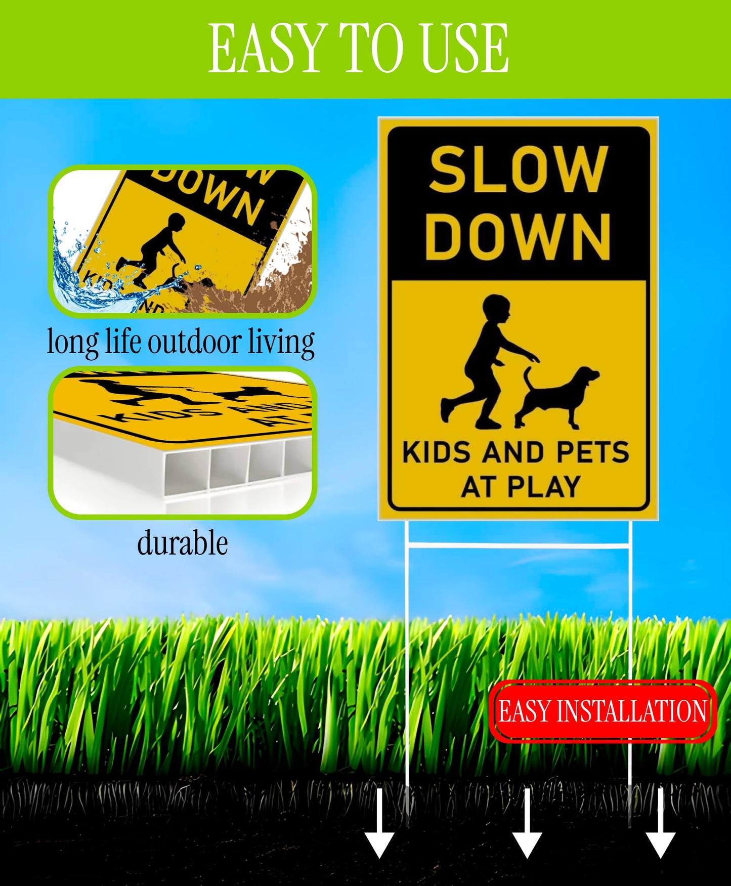 8x12 inch 3X Slow Down Kids and Pets at Play Yard Plastic Signs with Metal Wire H-Stakes - Street Slow Children at Play Double Sided Sign - Drive Like Your Kids Live Here - Easy to Mount for Driveway