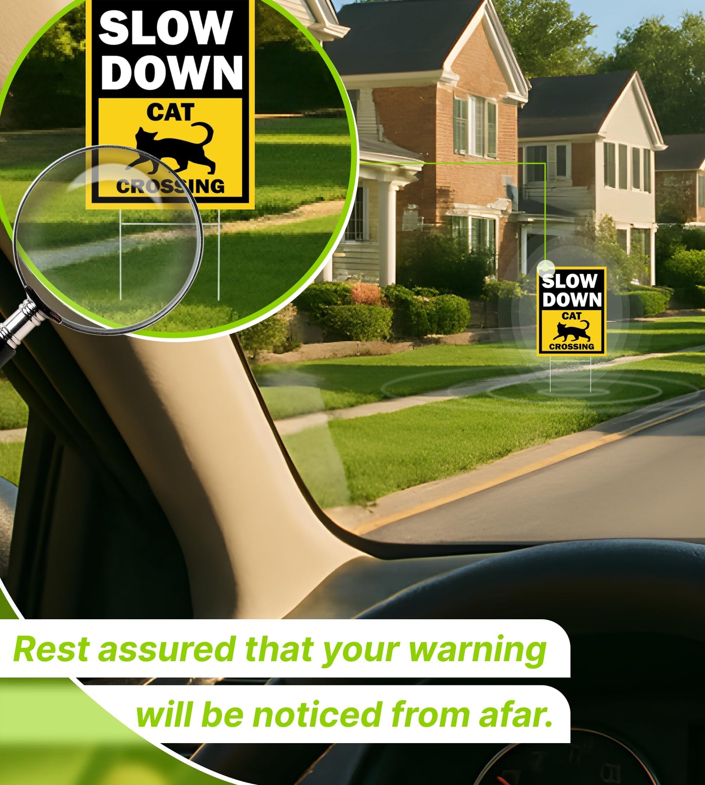 Set of 3 Double Sided 12x16 Inches Slow Down Cat Crossing Sign with Metal Wire H-Stakes - Slow Down Caution Sign For Neighborhoods Yard Farm - Plastic Decorations Animal Crossing Signs