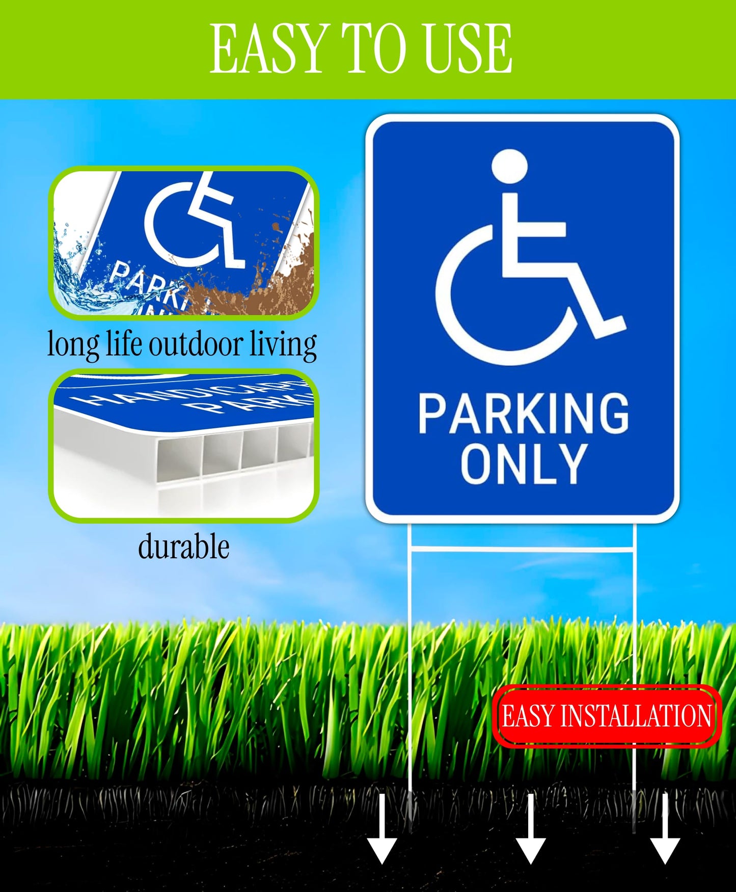 Set of 3 Double Sided 12x16 Inches Reserved Parking Signs for Handicapped Only with Metal Wire H-Stakes - Plastic Indoor or Outdoor Basics Handicap Parking Sign - Yard Signs with Parking Space