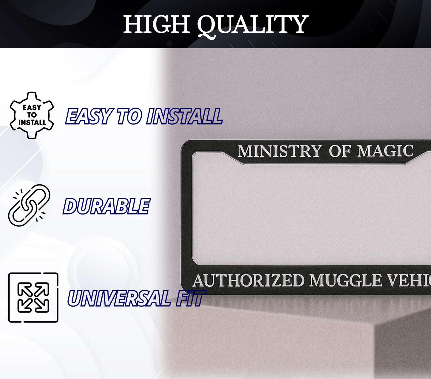 6x12.25 Inch Personalized License Plate Frame Ministry of Magic Authorized Muggle Vehicle - Metal Black Car Frames with 2 Holes and Screws - Standart Cars USA Frame for Front and Rear