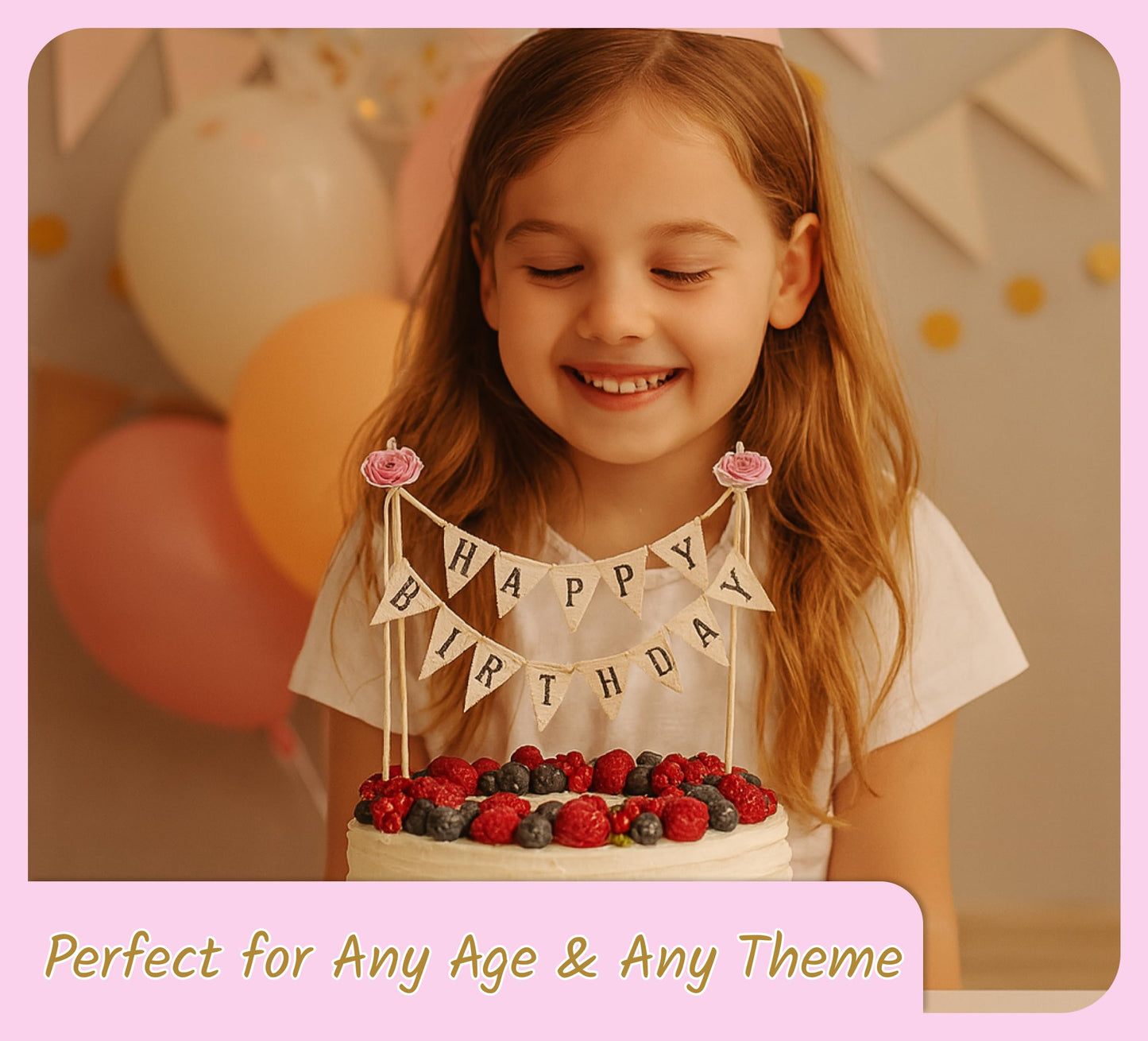 9.8x10 Inch Happy Birthday Cake Bunting Topper Garland - Happy Birthday Party Decorations - Paper Craft Durable Multifunctional Cake Topper - Theme Birthday Party for Boys or Girls (With Pink Rose)