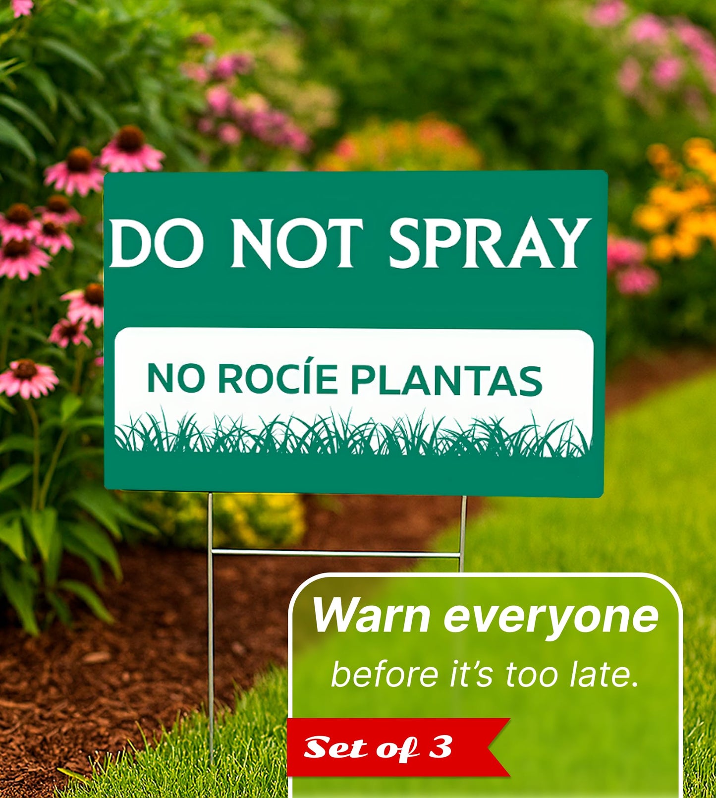 3 Pack 12x8 Inches Do Not Spray and Do Not Trim Yard Sign with Metal Stake - Green Bilingual Double Sided Do No Trim Signs for Outdoor - Plastic Neighborhood Street Caution Yard Signs