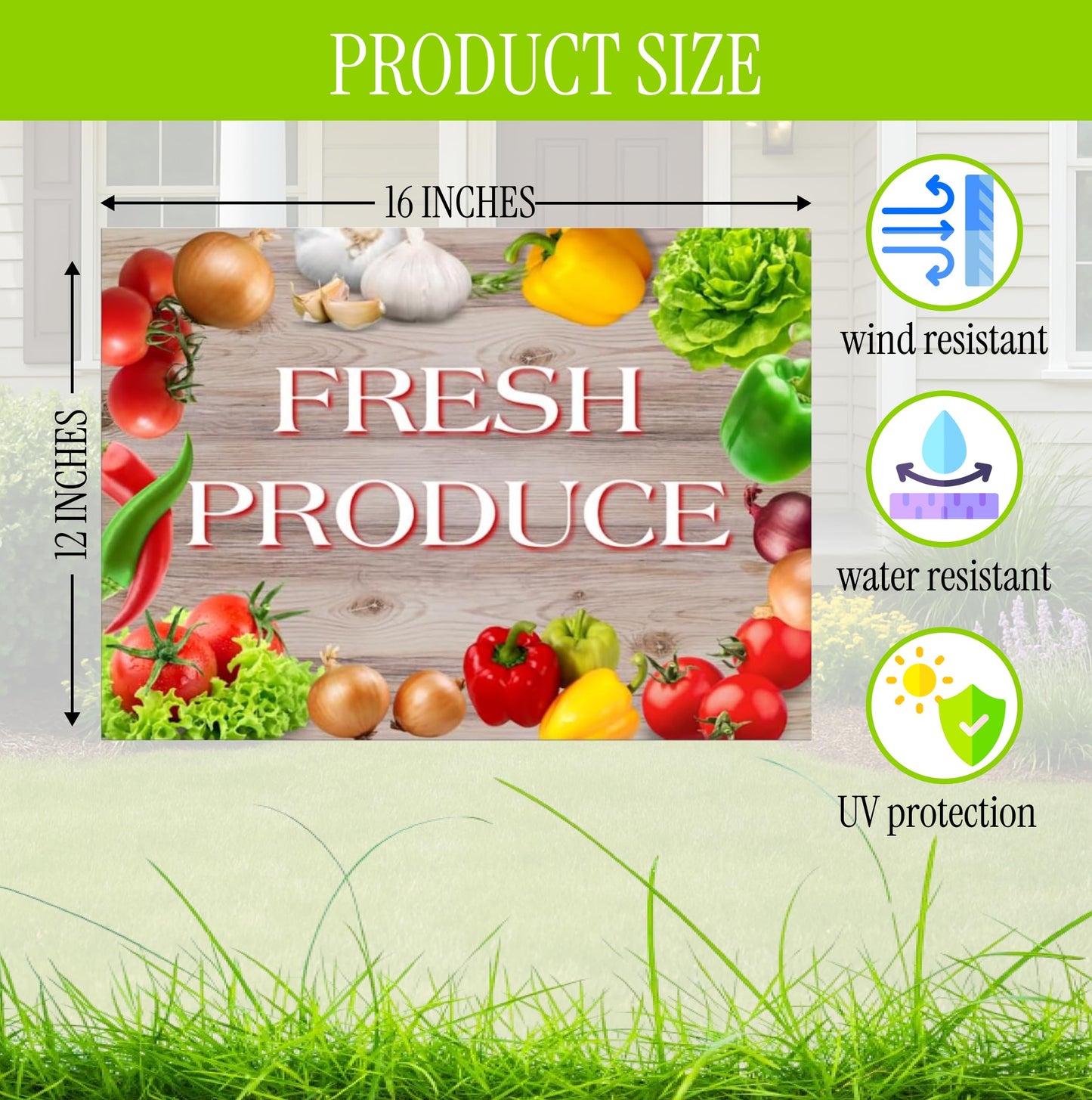 Set of 3 Double Sided 12x16 Inches Fresh Produce Sign with Metal H-Stakes - Vegetable Sign Outdoor or Indoor Yard Signs - Plastic Fresh Produce Event Signage for Outside Business