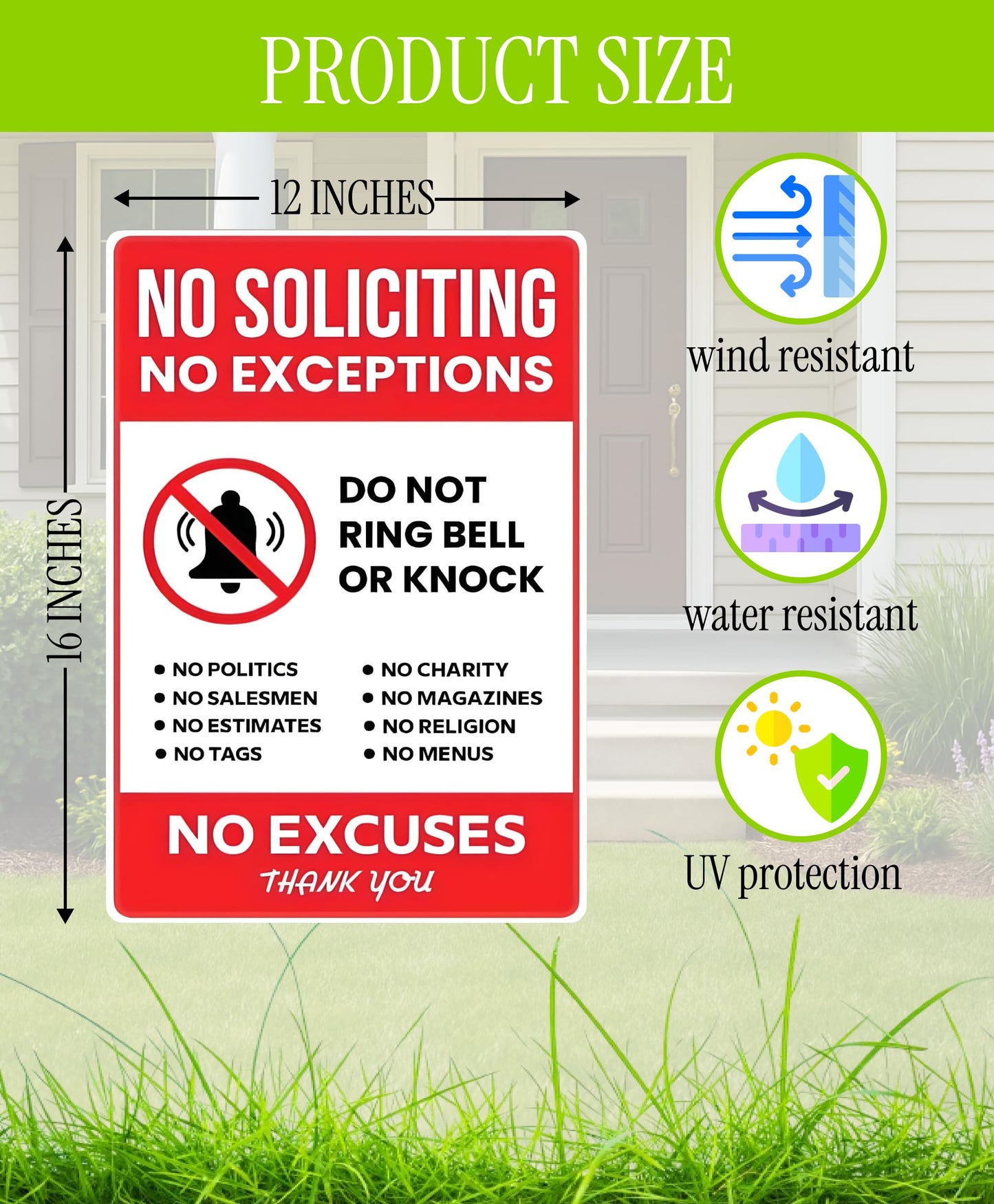 12x16 Inch 3X No Soliciting No Exceptions Plastic Sign with Metal Stakes - Fun Decor for Home House Yard - No Exceptions Do Not Ring Bell No Knock Double Sided Signs - No Excuses Lawn Sign for Outdoor
