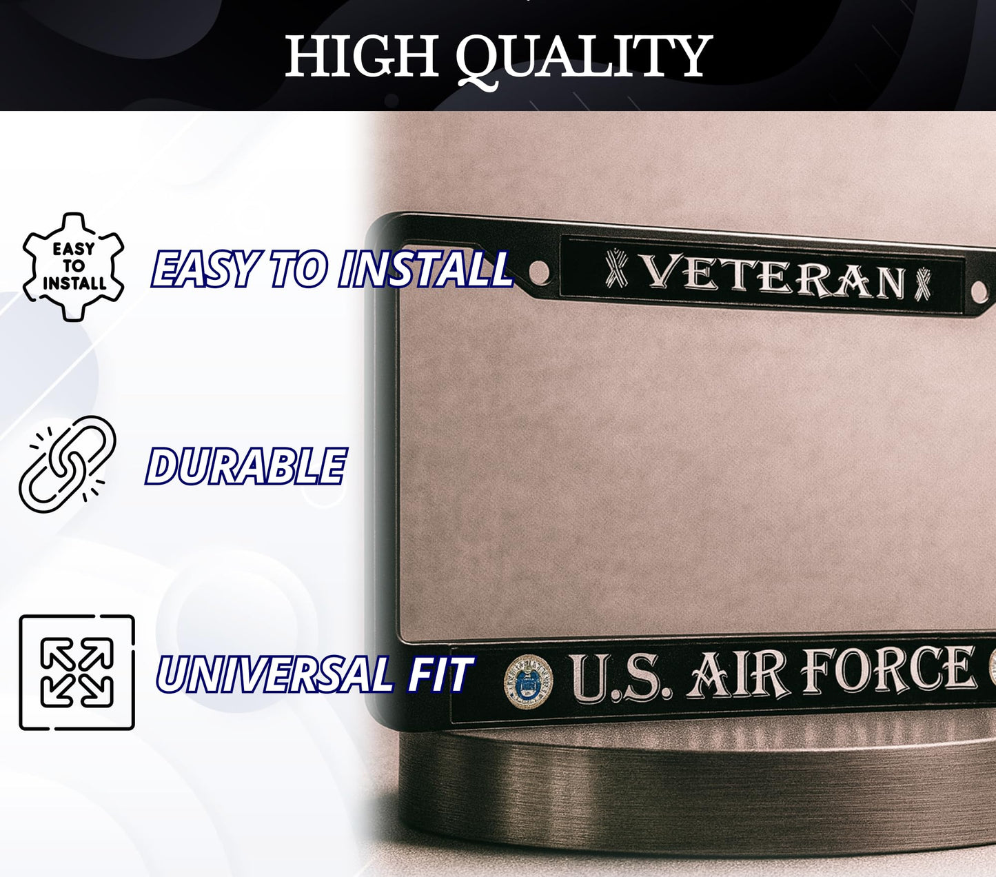 Car License Plate Frame US Air Force Veteran - Standart Cars USA Stainless Steel Frame for Front and Rear - Metal Plate Frame with 2 Holes and Screws 6x12.25 inches - Metal License Plate USA