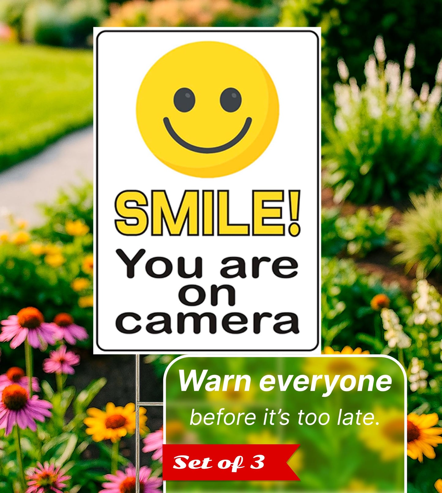 Pack of 3 Funny Smile You're On Camera Yard Signs with H-Stakes - 12"x8" Double-Sided Video Surveillance Sign Outdoor - Security Camera Plastic Sign for Yard Home House - Video Surveillance Signs