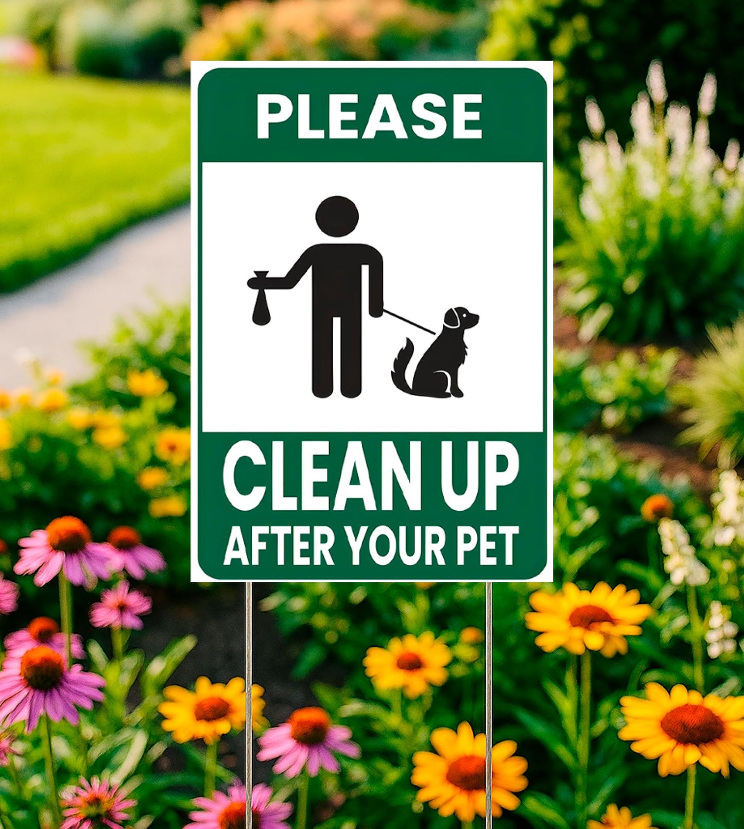 3X Plastic Double Sided Please Clean Up After Your Pet - 12x8 Inch Signs with H-shaped Front Yard Stakes - Pet Signs on the Yard Lawn - Collect Dog Poop and Don't Wet the Lawn - Signs To Curb Your Dog