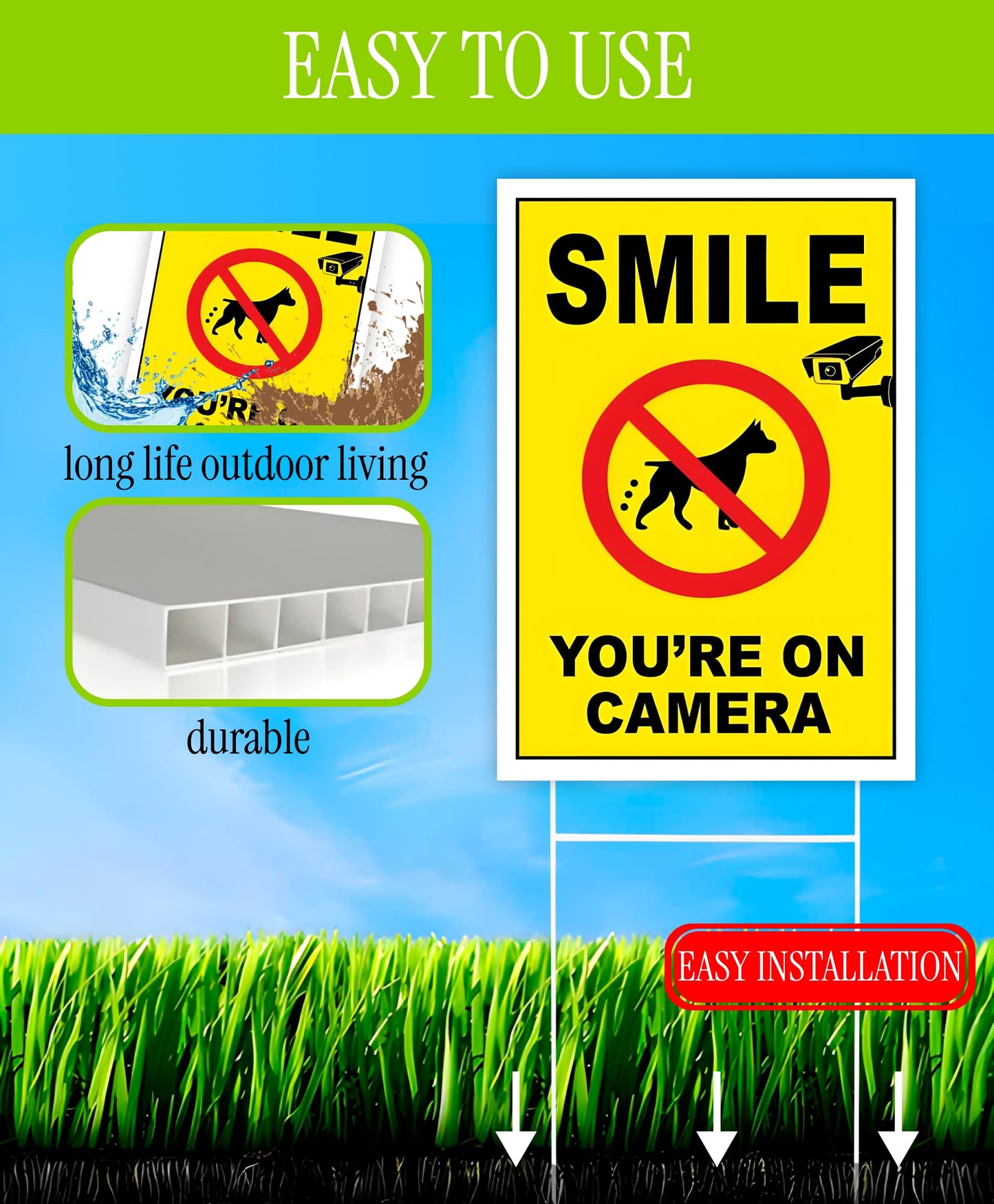 3-Pack 12x8 Inch Smile Your on Camera Signs with Stakes – Outdoor Lawn Protection No Trespassing, Video Surveillance Home Security Yard Plastic Signs – Double-Sided Warning Sign for Private Property