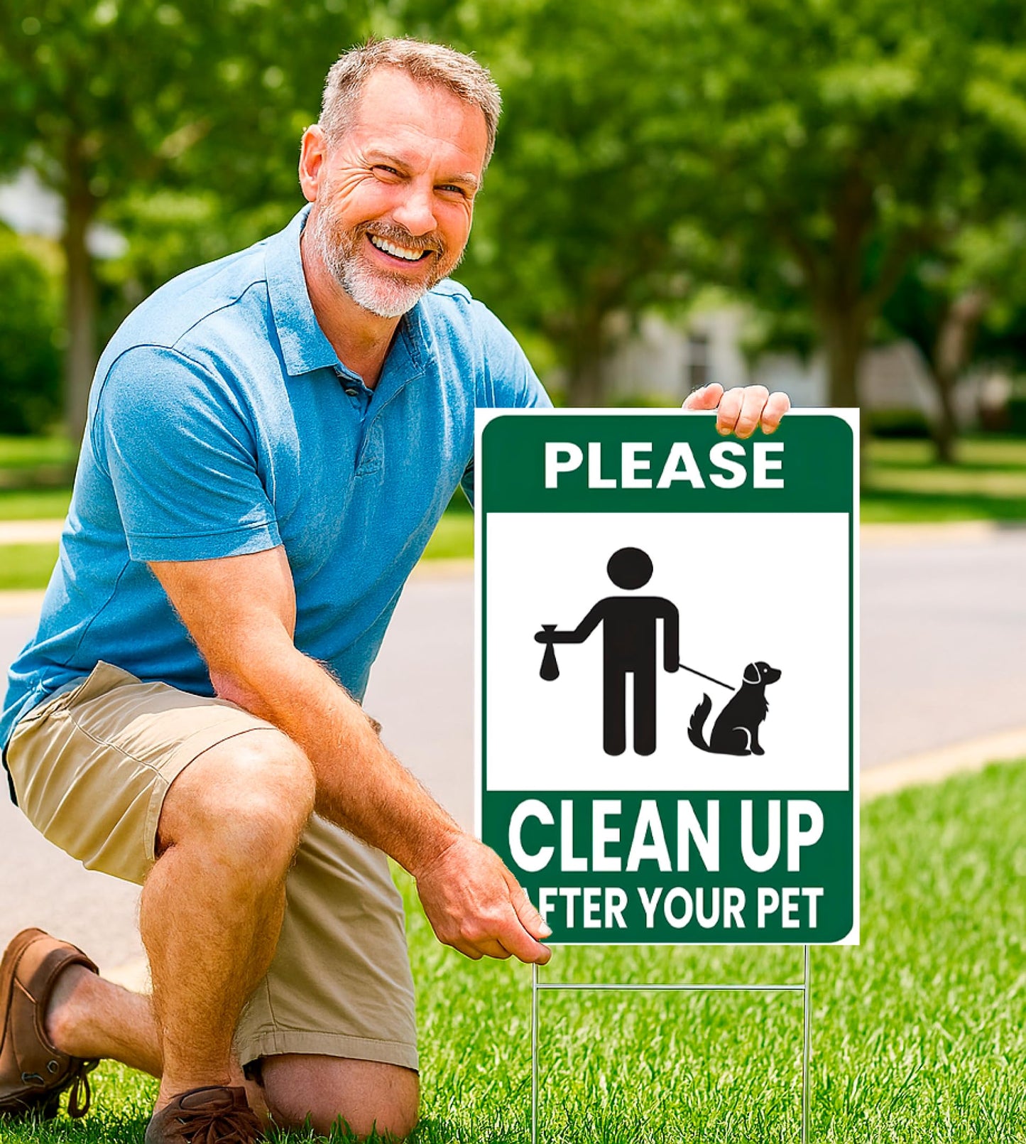 3X Plastic Double Sided Please Clean Up After Your Pet - 12x8 Inch Signs with H-shaped Front Yard Stakes - Pet Signs on the Yard Lawn - Collect Dog Poop and Don't Wet the Lawn - Signs To Curb Your Dog