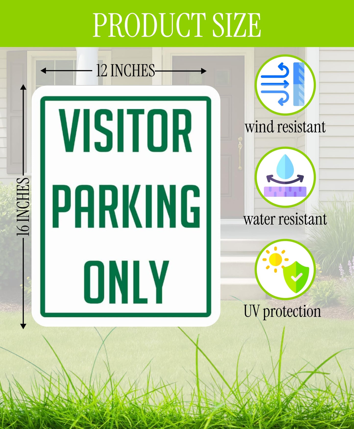 Set of 3 Double Sided 12x16 Inch Plastic Sign "Visitor Parking Only" with Metal H-Stakes - Plastic Parking Signs Green on White - Guest Parking Only Signage - Parking Visitor Sign for Yard