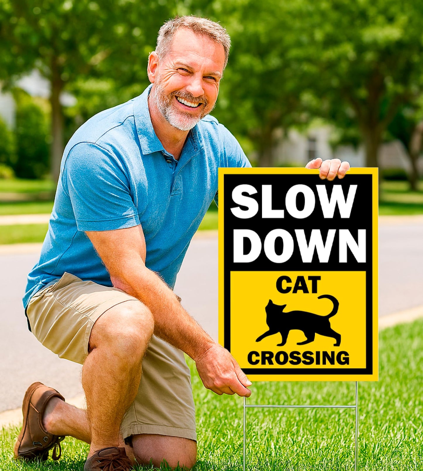 Set of 3 Double Sided 12x16 Inches Slow Down Cat Crossing Sign with Metal Wire H-Stakes - Slow Down Caution Sign For Neighborhoods Yard Farm - Plastic Decorations Animal Crossing Signs