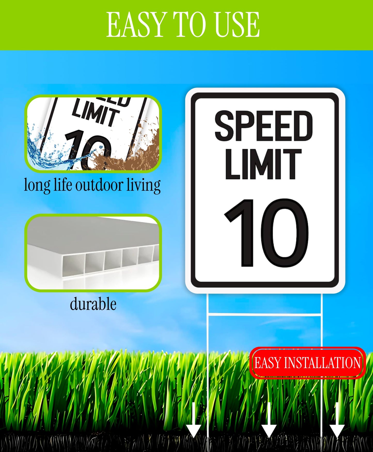 Set of 3 Double Sided 12x16 Inches Speed Limit 10 MPH Sign with Metal Wire H-Stakes - Plastic Slow Down Traffic Sign - Speed Limit Signs Outdoor Use for Neighbour Driveway Yard or School