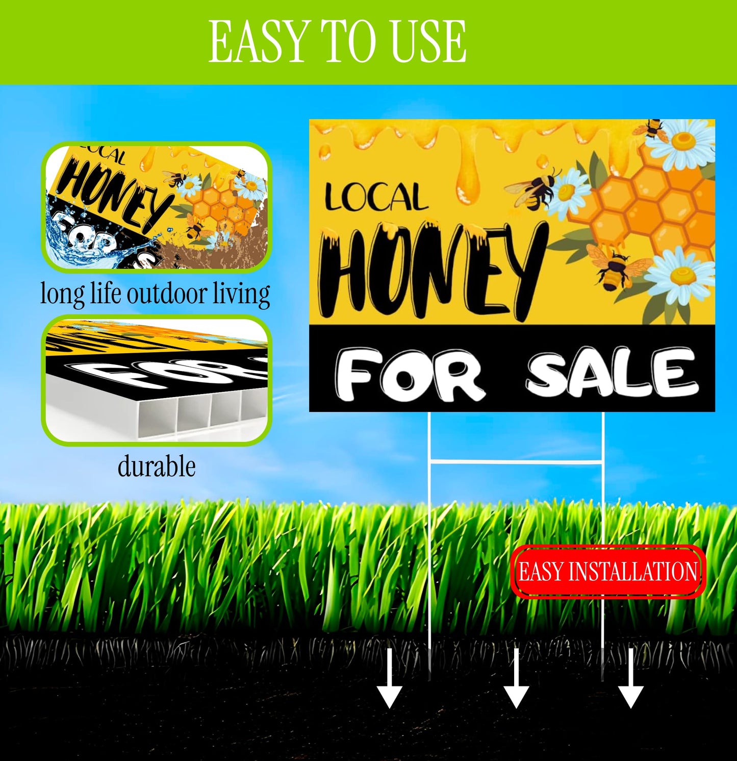 Set of 3 Double Sided 12x16 Inches Local Honey For Sale Yard Sign with Metal H-Stakes - Local Honey Sale Signs for Farm Garden Lawn Outdoor - Funny Plastic Signs For Sale Bee Hive Decoration