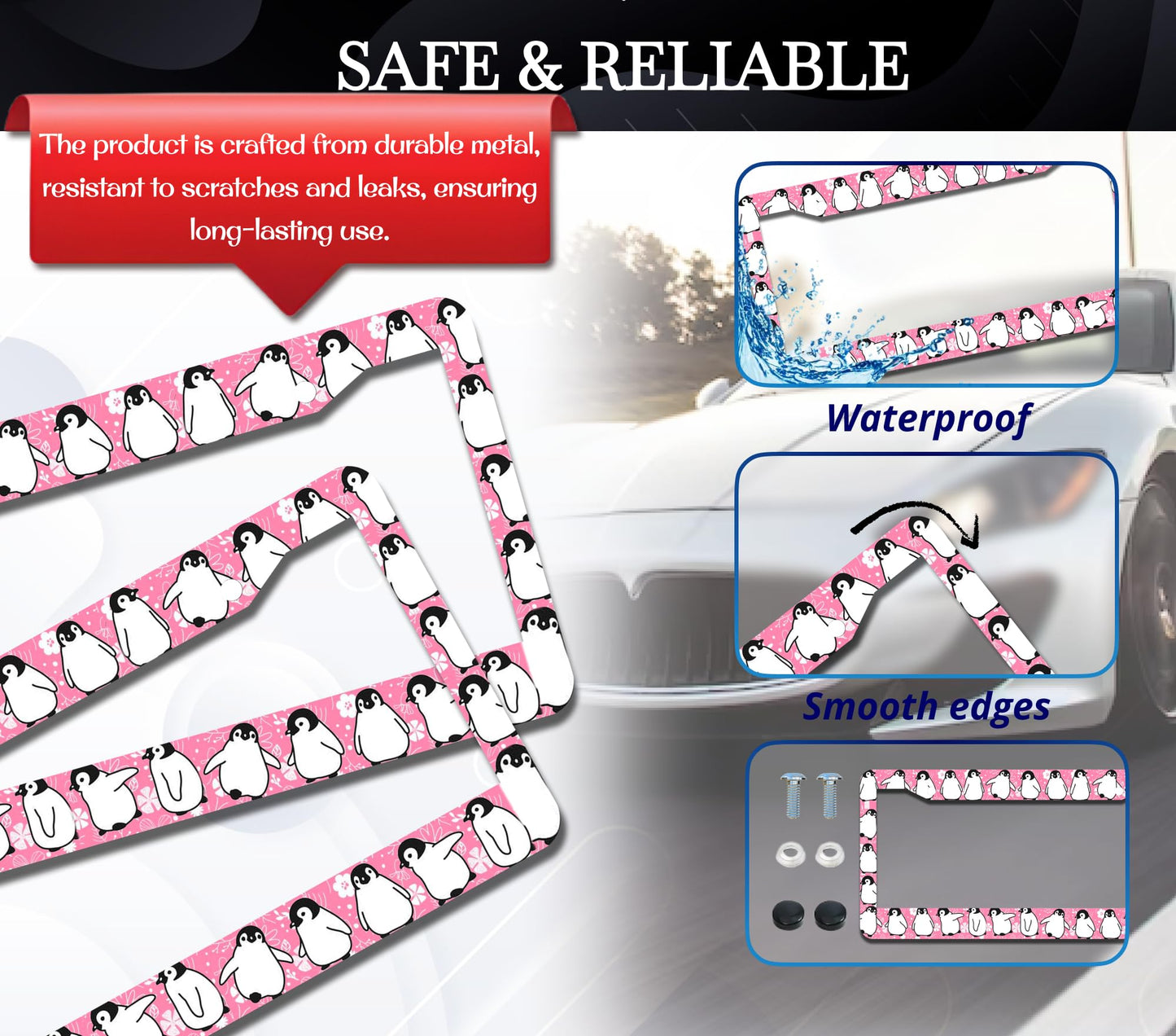 Personalized Car License Plate Frame - Stainless Steel Plate Frame with Screws 6 x 12.25 inches and 2 Holes and Screws - Pink Frame with Penguin for Women - Metal Car Universal Accessories