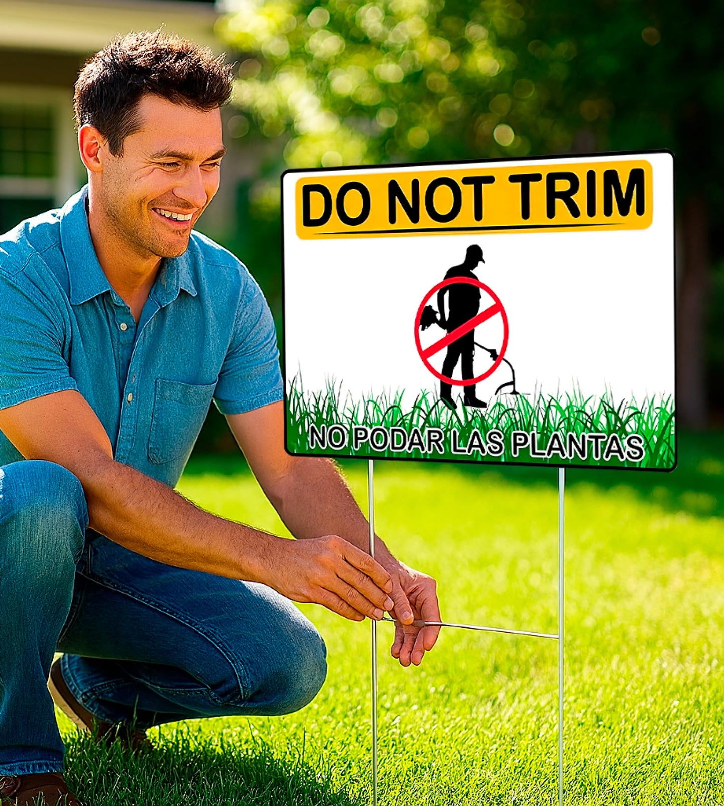 Set of 3 Do Not Trim Yard Sign with Metal Stake 12x8 Inches - Double Sided No Podar Las Plantas sign for Outdoor or Indoor - Bilingual Plant Sign or Plastic Garden Sign for Neighborhood Street