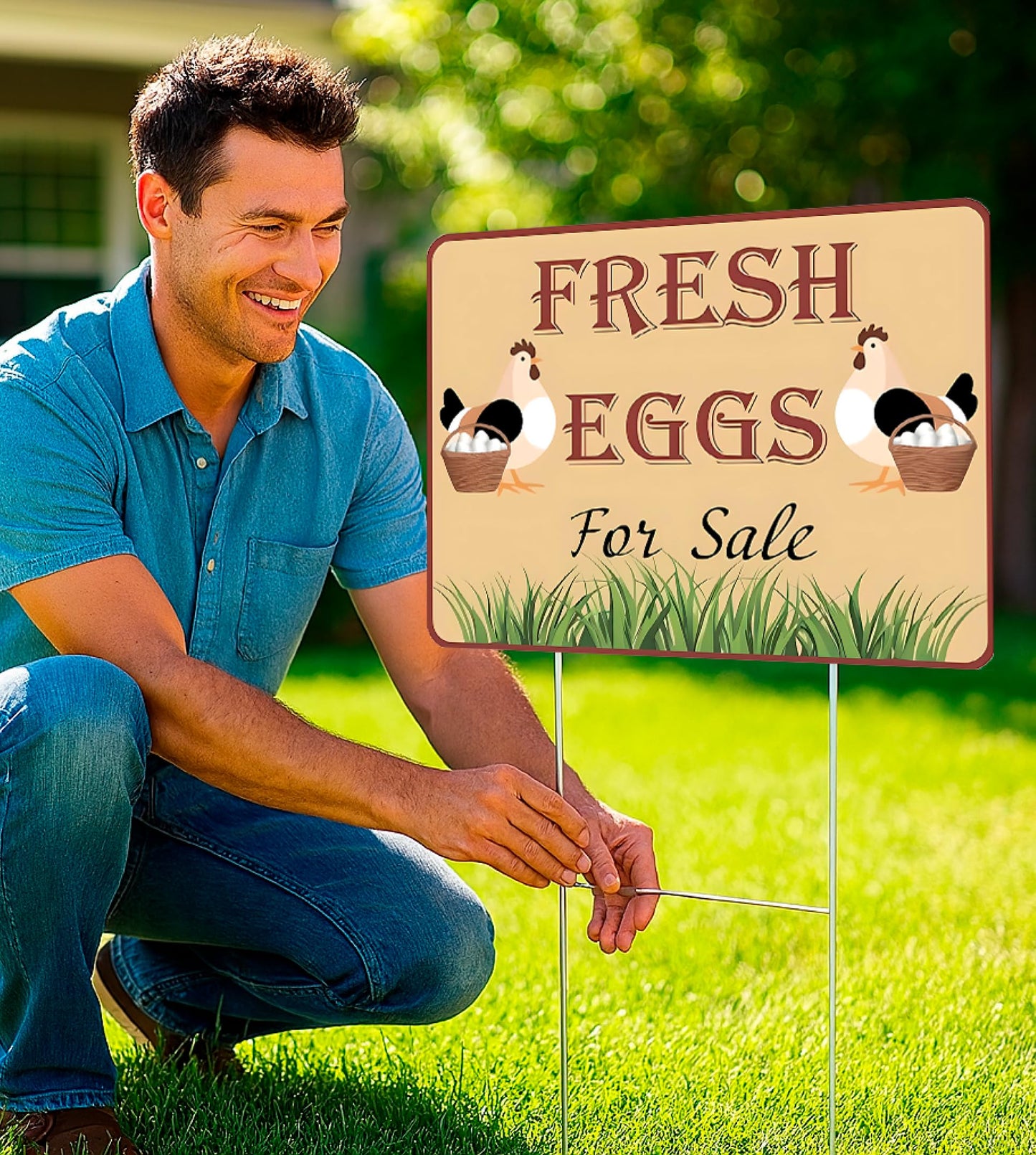 Set of 3 Double Sided 12x16 Inches Fresh Eggs For Sale Sign with Metal H-Stakes - Plastic Sign Fresh or Egg Sign for Outdoor and Indoor - Fresh Chicken Eggs For Sale Yard Sign