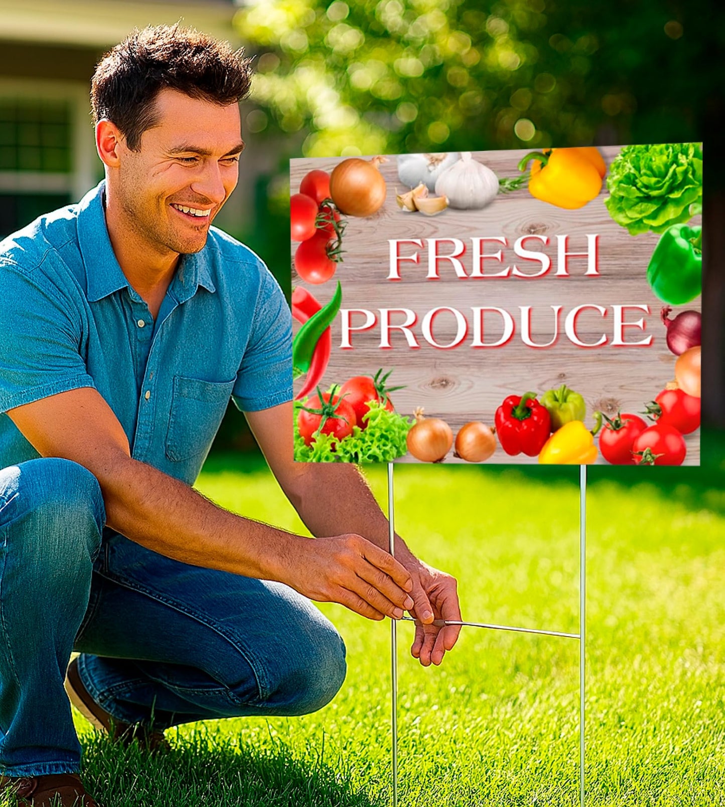 Set of 3 Double Sided 12x16 Inches Fresh Produce Sign with Metal H-Stakes - Vegetable Sign Outdoor or Indoor Yard Signs - Plastic Fresh Produce Event Signage for Outside Business