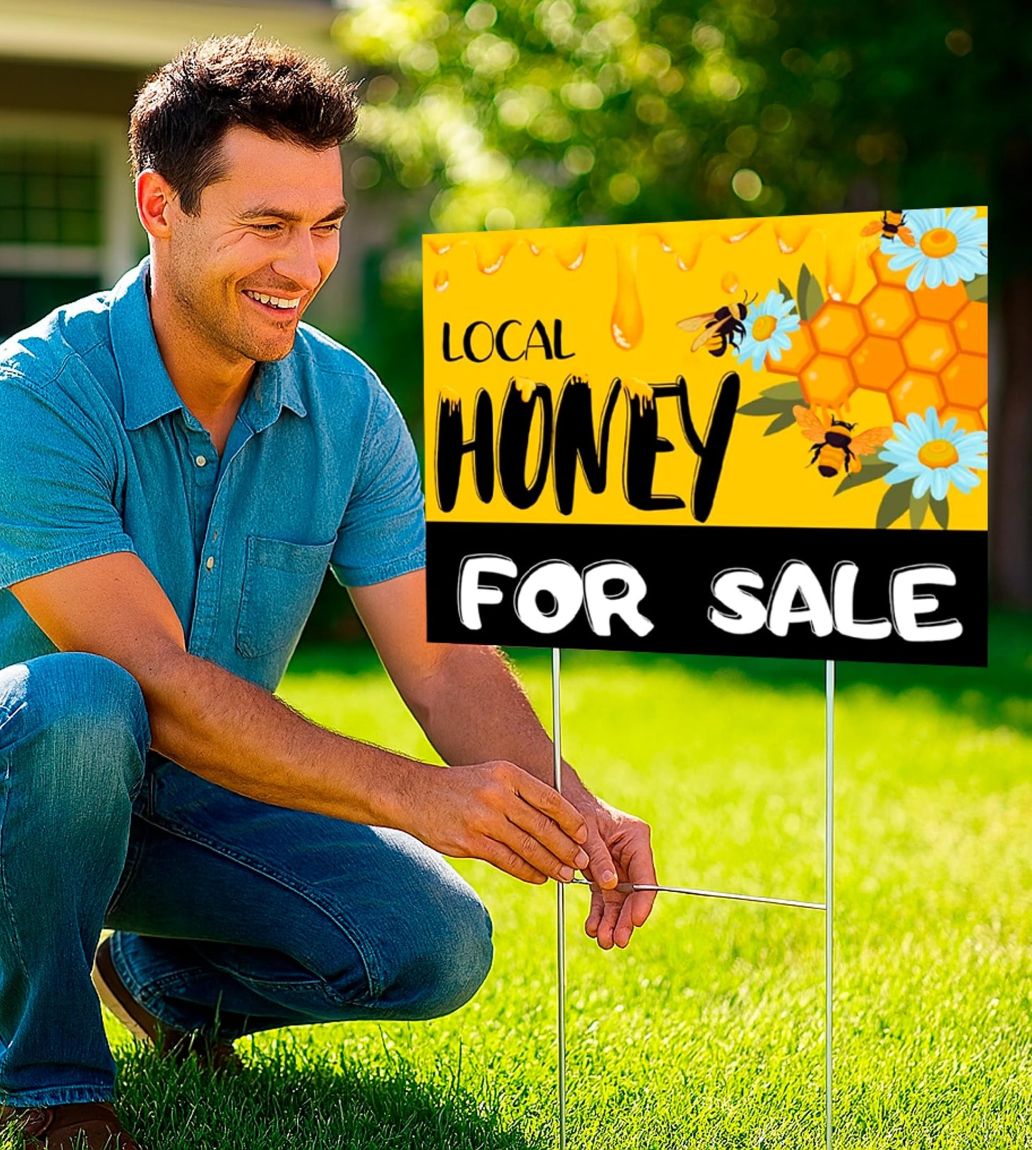 Set of 3 Double Sided 12x16 Inches Local Honey For Sale Yard Sign with Metal H-Stakes - Local Honey Sale Signs for Farm Garden Lawn Outdoor - Funny Plastic Signs For Sale Bee Hive Decoration
