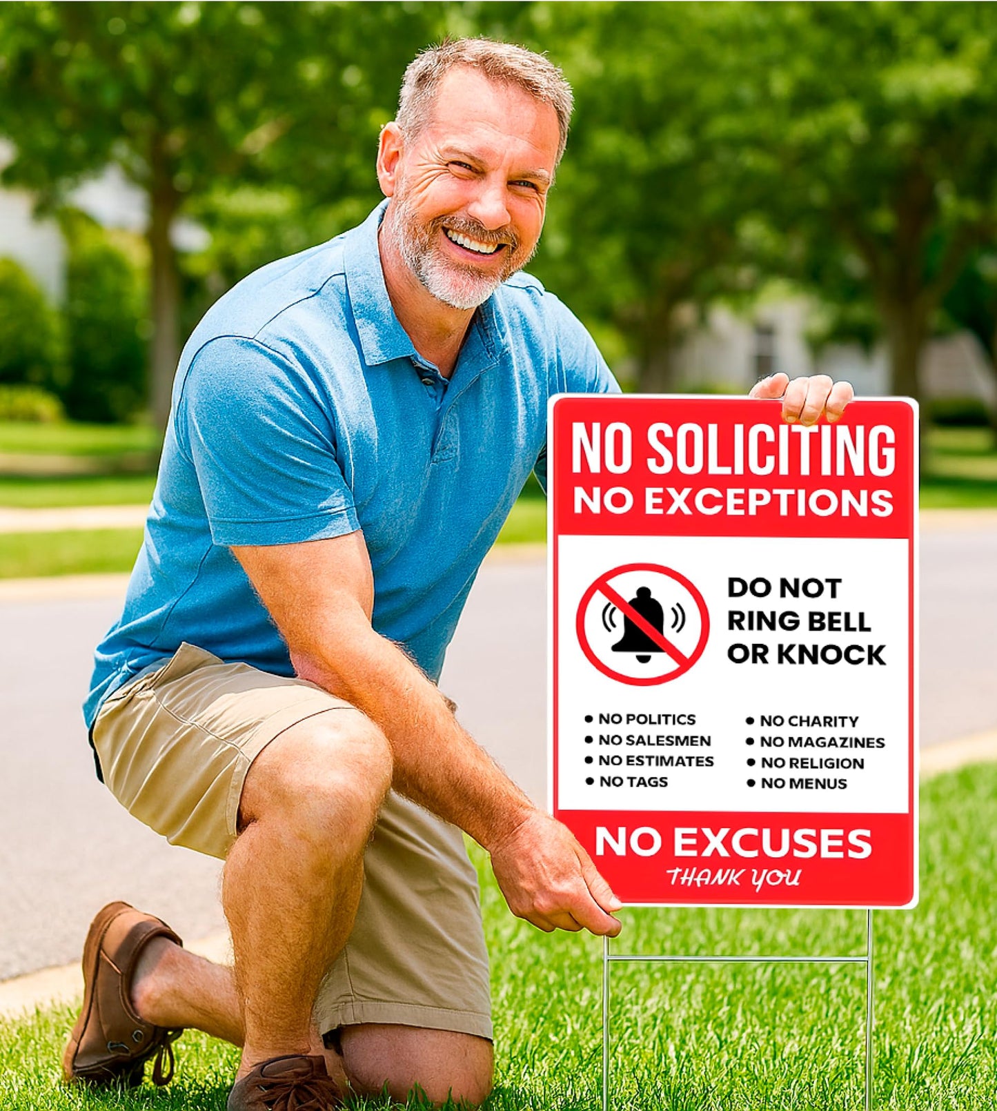 12x16 Inch 3X No Soliciting No Exceptions Plastic Sign with Metal Stakes - Fun Decor for Home House Yard - No Exceptions Do Not Ring Bell No Knock Double Sided Signs - No Excuses Lawn Sign for Outdoor