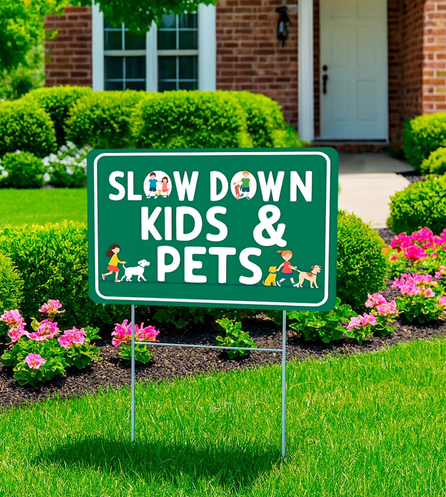 Set of 3 Double Sided 12x16 Inches Plastic Sign "SLOW DOWN KIDS & PETS" - Сaution Сhildren at Play Signs With H-Stakes for Street - Drive Like Your Kids Live here Yard Signage Speed Limit Warning