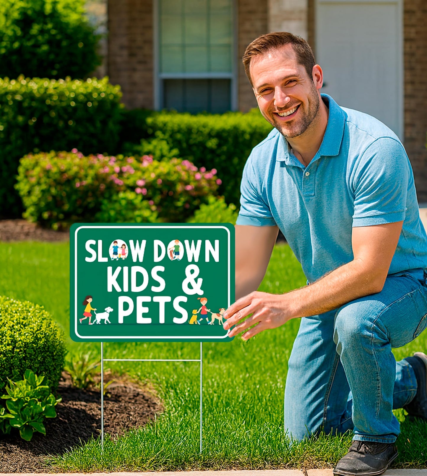Set of 3 Double Sided 12x16 Inches Plastic Sign "SLOW DOWN KIDS & PETS" - Сaution Сhildren at Play Signs With H-Stakes for Street - Drive Like Your Kids Live here Yard Signage Speed Limit Warning