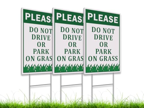 3X Please Do Not Drive Or Park On Grass Signs with Stakes - Plastic Street, Road Private Property No Parking Sign - 12x8 Inch Yard Lawn Stay Off Grass Signs with Stake - Please Keep Off The Grass Sign