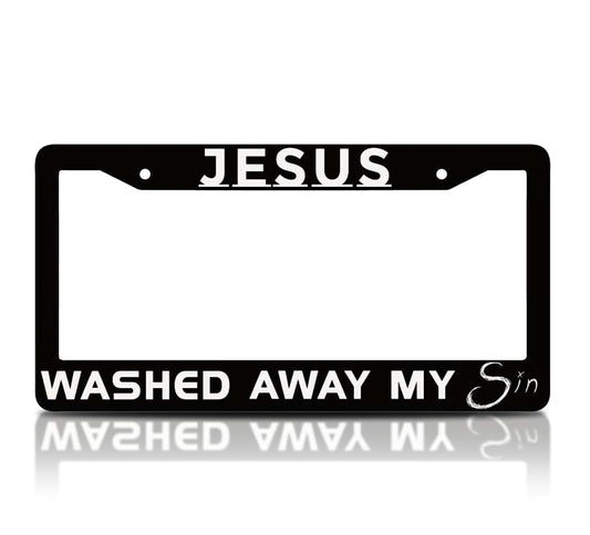 6x12.25 inches Black License Plate Frame with Quote Jesus Washed Away My Sin with 2 Holes and Screws - Standard Cars USA Frame for Front or Rear - Aluminium Jesus Plate Frames for Car Accessories