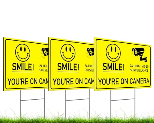 3 Pack 8x12 Inch Smile Your on Camera Signs with Stake - No Tresspassing. Private Property Video Surveillance Home Security Yard Sign - Warning Signs for Property - Single Sided Signs off Lawn Outdoor