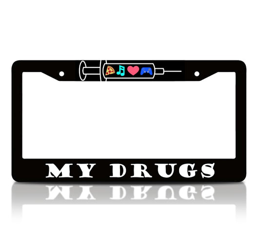 6x12.25 Inch License Plate Frame with Quote My Drugs with 2 Holes and Screws - Pizza Plate Frames Auto Accessories for USA Standard for Front and Rear - Aluminium License Plate Frame with Heart