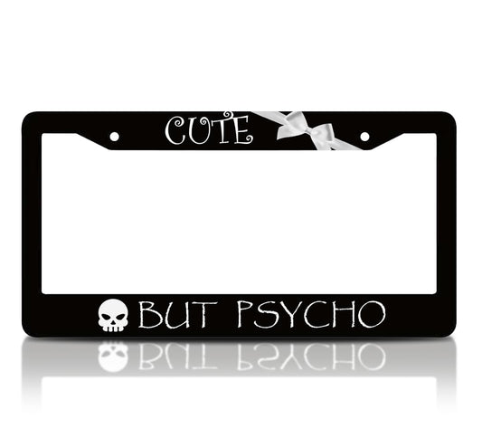 6x12.25 Inch Funny Skull License Plate Frame for USA Standard Cute But Psycho with 2 Holes and Screws - Fun Frames Car Accessories - Decorative Aluminium License Plate Frames for Front of Car