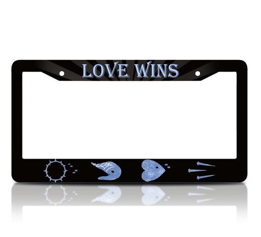 6x12.25 Inch Car Heart License Plate Frame with Quote Love Wins with 2 Holes and Screws - Black License Plate Frame for Standard Cars USA - Aluminium Plate Frame for Front or Rear Number