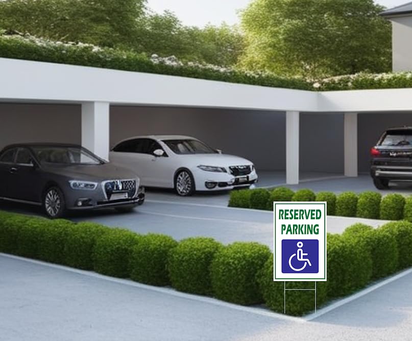 Pack of 3 Reserved Parking Sign 12x8 inch with Metal H-Shaped Stakes - Handicap Parking Sign with Picture of Wheelchair Sign - Road Traffic Yard Plastic Signs