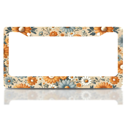 Car License Plate Frame for US Standard 6x12.25 Inch - Stainless Steel Frame - Floral Retro Daisys License Plate Frames Frames with 2 Holes and Screws - Accessory for Car