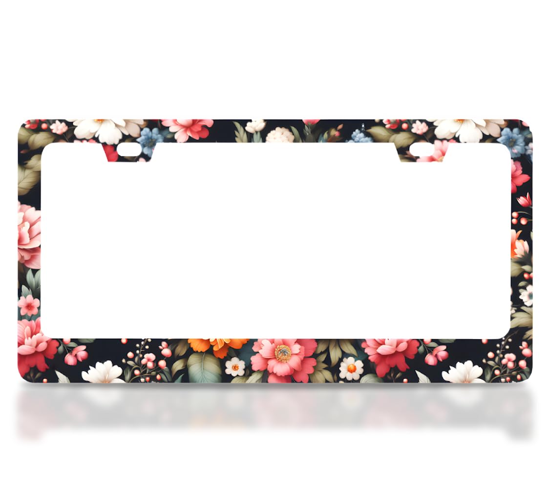 License Plate Frame 6x12.25 Inches with Natural Flowers with 2 Standard Slotted Mounting Holes - Custom License Plate Frame for Your Car - Stainless Steel Frames Flower Style Fun Decoration