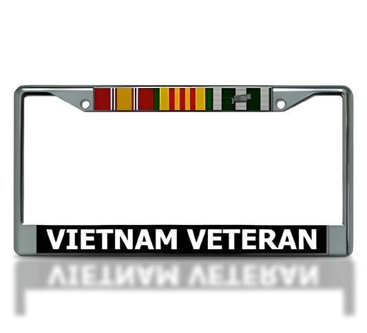6x12 Inch Car Chrome License Plate Frame Vietnam Veteran - Silver License Plate Frame with 2 Holes and Screws - Bracket for Standard Cars USA Stainless Steel Frames for Front or Rear