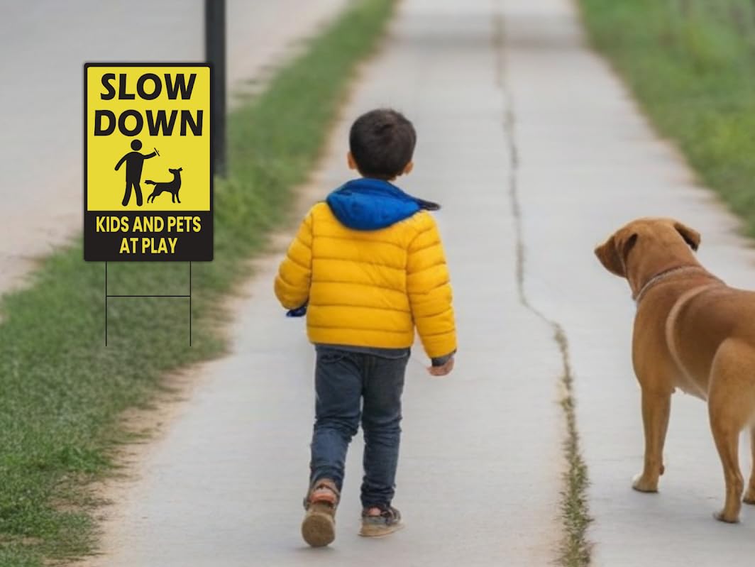 Set of 3 Plastic Slow Down Kids and Pets at Play Outdoor Safety Yard Sign 12x8 Inch - Drive Carefully As It Looks Like Your Children Live Here - Beware Children in Play with Pet Signs Double Sided