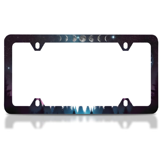 License Plate Frame 6x12.25 Inches - Night Starry Sky Night Forest Moon Phases with 4 Standard Slotted Mounting Holes - Unique Printed License Plate Frames - Stainless Steel Frames to Your Car