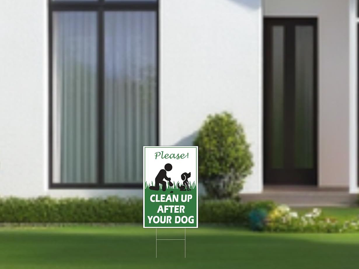 Set of 3 Double Sided Please Clean Up After Your Dog 12x8 inch - Yard Sign with Metal Wire H-Stakes Included - Easy to Install No Pooping Dog Lawn Signs or Dogs Be Respecful - Keep Off Grass Sign