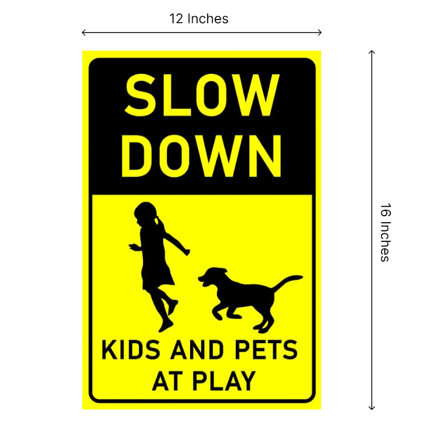 Set of 3 Double Sided 12x16 inches Slow Down Kids and Pets at Play Sign with Metal Wire H-Stakes - Street Slow Children at Play Sign - Animals Crossing Sign - Children at Play Safety Signs for Street