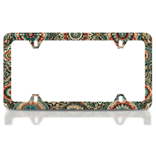 License Plate Frame for US Standard Frame 6x12.25 Inch - Vintage Style with Mandala Flowers with 4 Holes and Screws - Boho Style License Plate Frames of Your Number