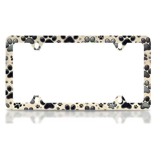 License Plate Frame 6x12.25 Inches - Animal Paw Prints on Black Background - with 4 Standard Slotted Mounting Holes - Number Plates Aluminum Alloy Frames for Your Car - Accessories Frames for Сar