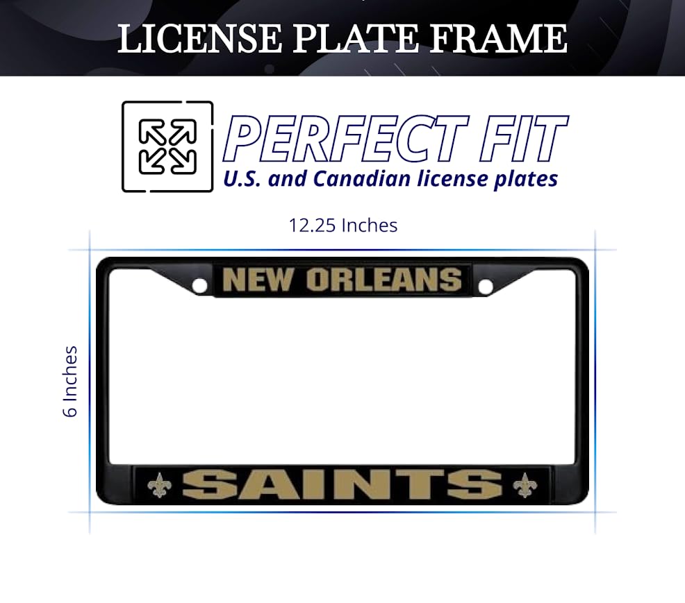 Personalized Car License Plate Frame - License Plate Frame New Orlean, Saints - Metal Plate Frame with 2 Holes and Screws 6x12.25 inches - Standart Cars USA Stainless Steel Frame for Front and Rear